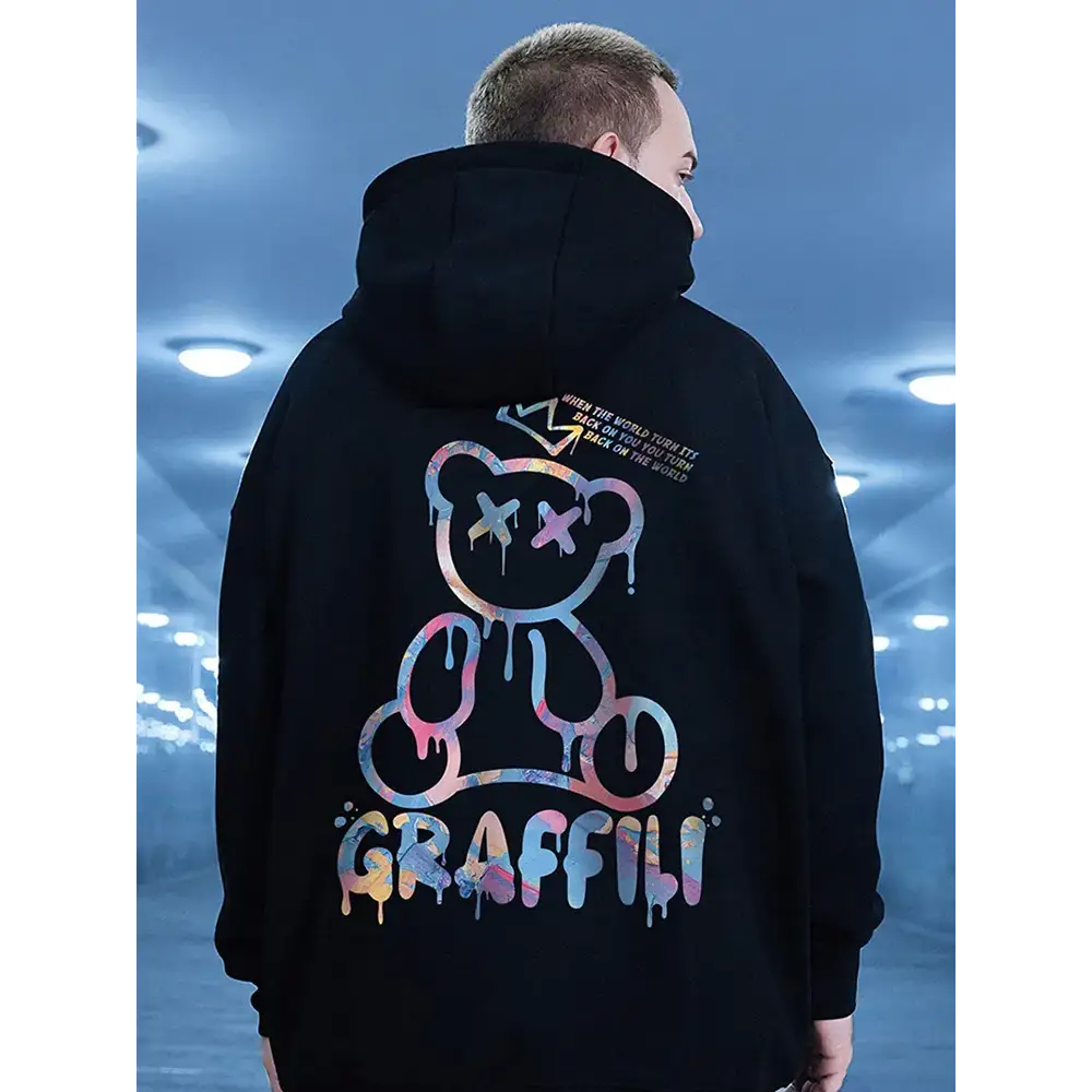 Retro graffiti bear print hoodie from the y2k streetwear collection - hoodies
