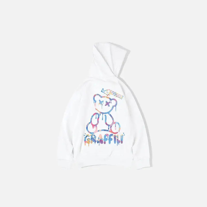 Retro graffiti bear print hoodie from the y2k streetwear collection - white / m - hoodies
