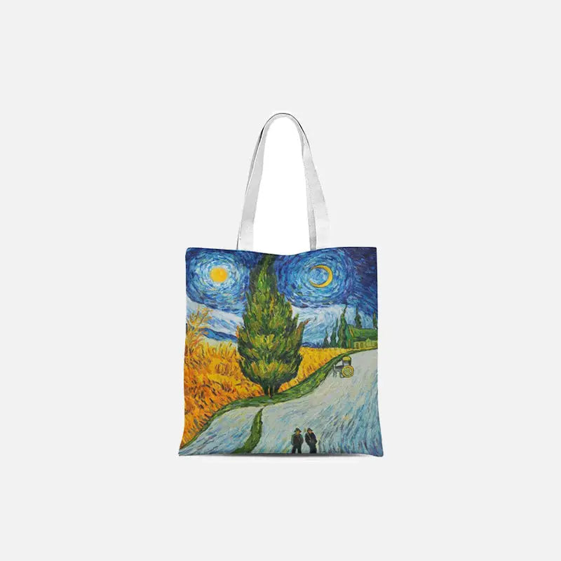 Retro leisure eco striped tote bag with cartoon print decorations - blue / 23x27cm-9x10.6in