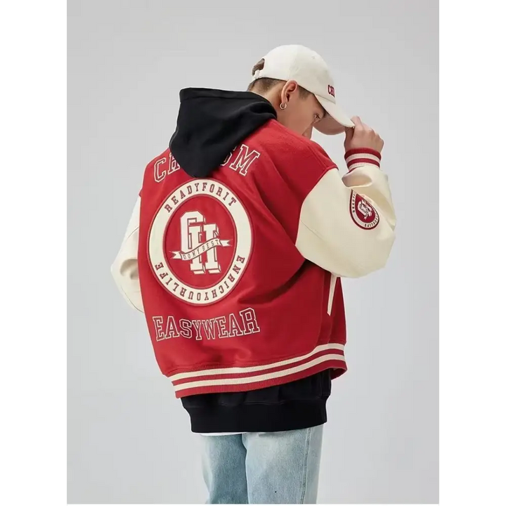 Y2k varsity jacket with retro letter print style