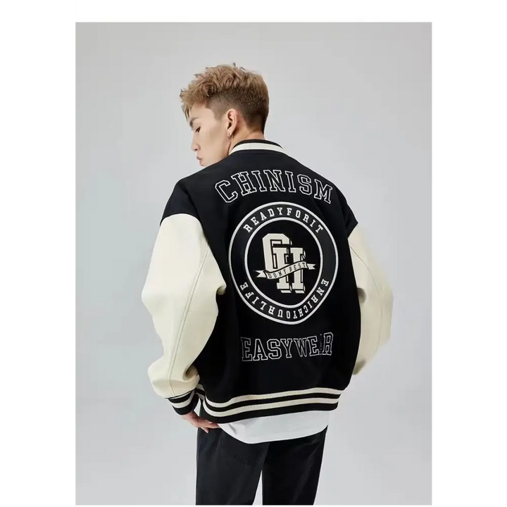Y2k varsity jacket with retro letter print style