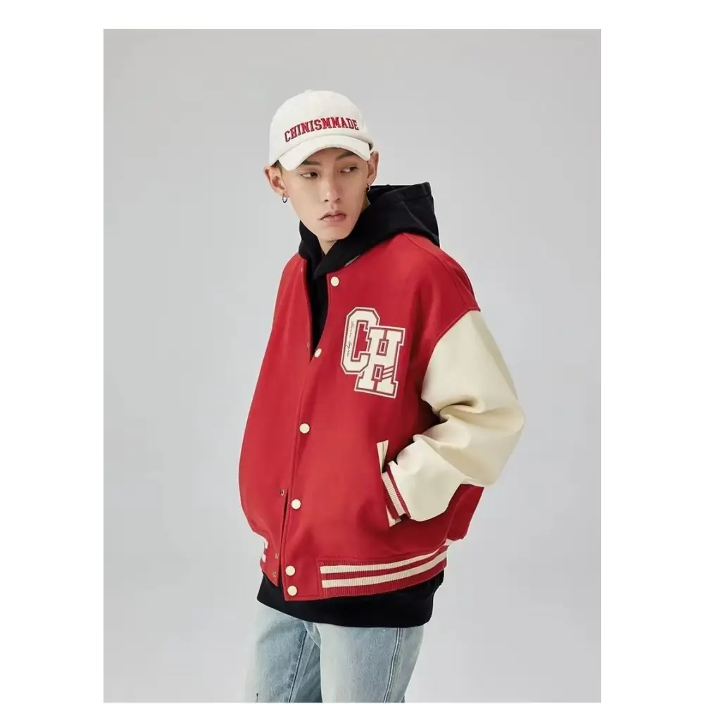 Y2k varsity jacket with retro letter print style