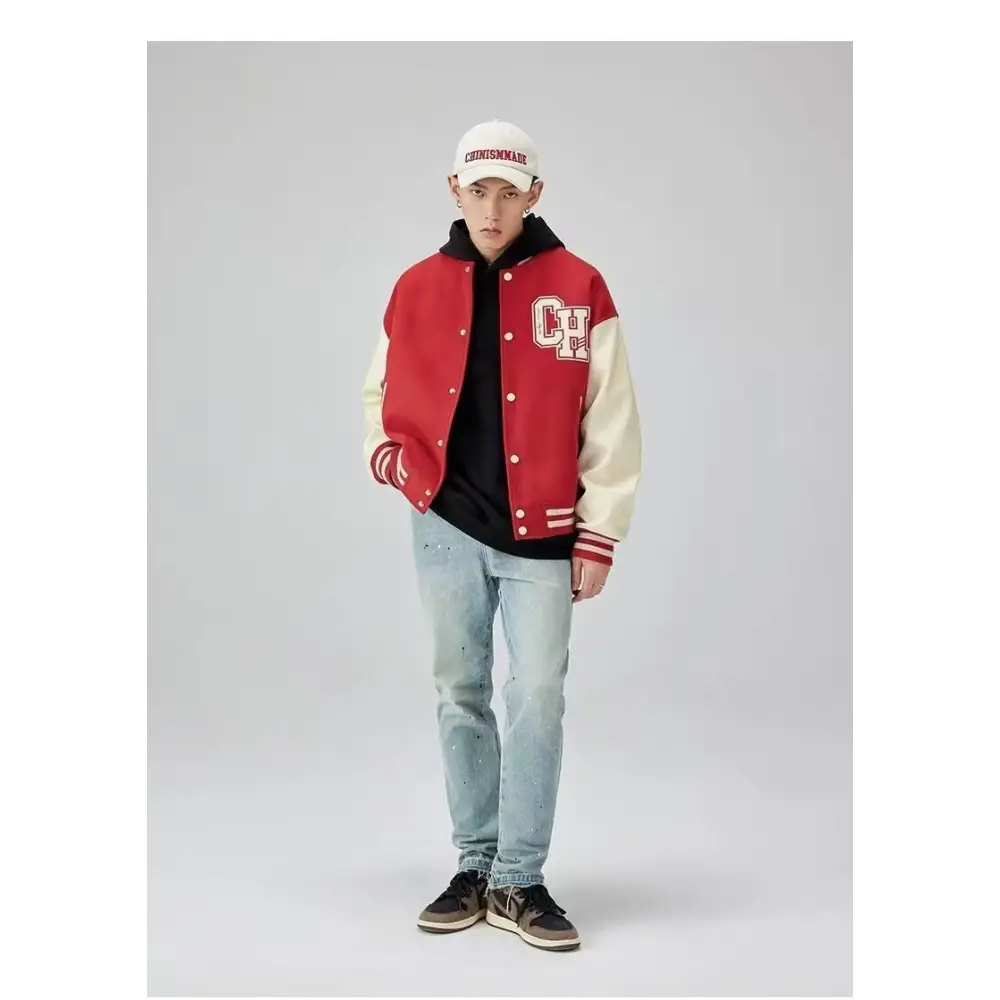 Y2k varsity jacket with retro letter print style