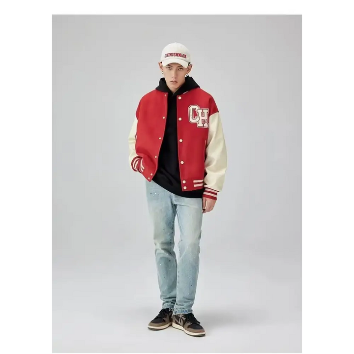 Y2k varsity jacket with retro letter print style