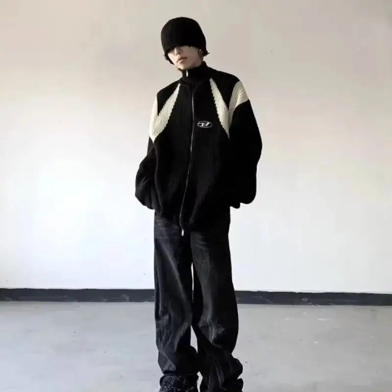 Retro loose fit knitted jacket from y2k streetwear collection - jackets