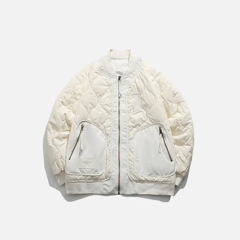 Y2k retro patched jacket with classic collar and zipper - beige / m - puffer