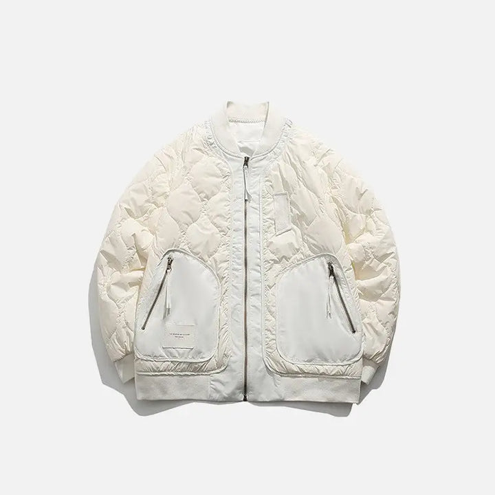 Y2k retro patched jacket with classic collar and zipper - beige / m - puffer