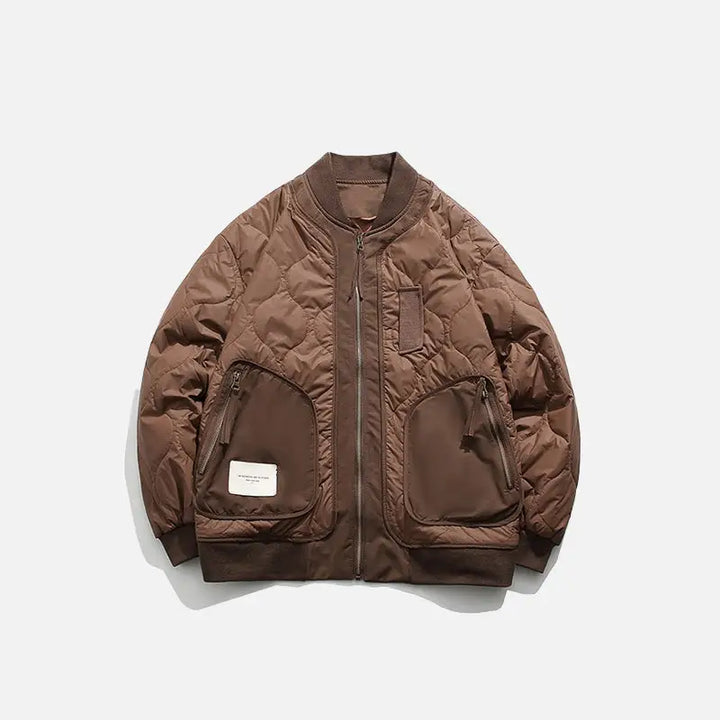 Y2k retro patched jacket with classic collar and zipper - brown / m - puffer
