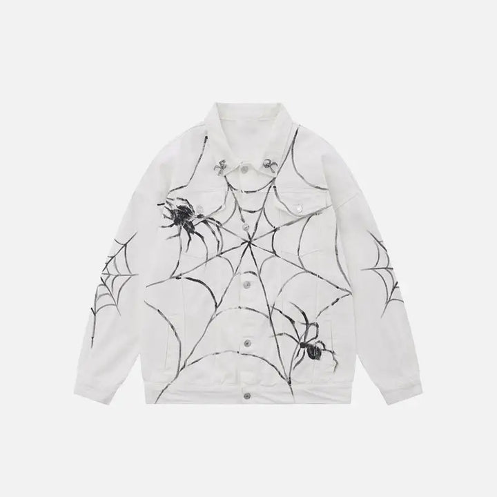 Y2k spider web denim jacket for unique style and comfort - white / s