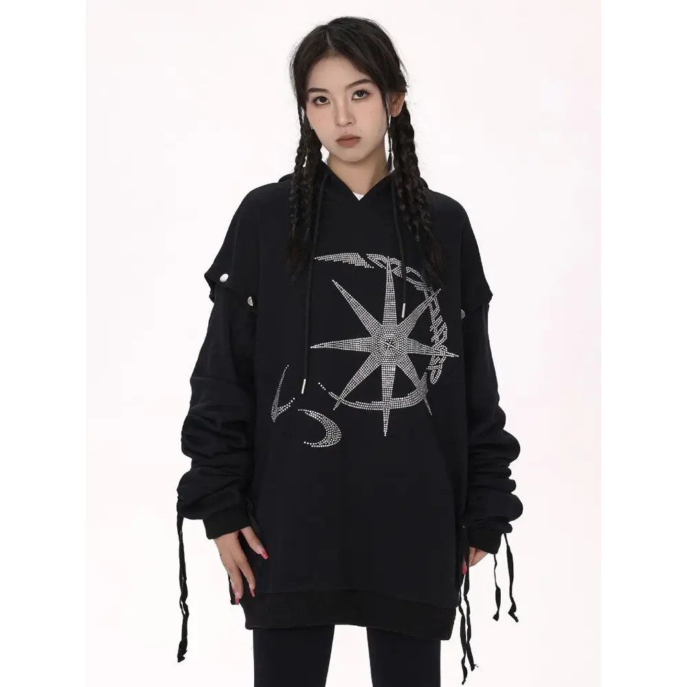 Y2k rhinestone graphic print hoodie for stylish comfort - hoodies