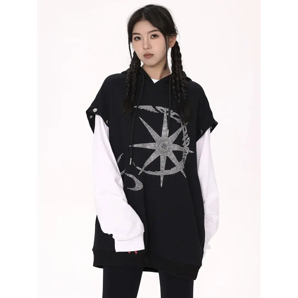 Y2k rhinestone graphic print hoodie for stylish comfort - hoodies