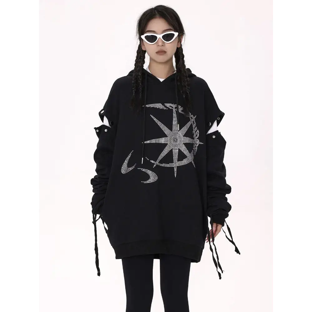 Y2k rhinestone graphic print hoodie for stylish comfort - hoodies
