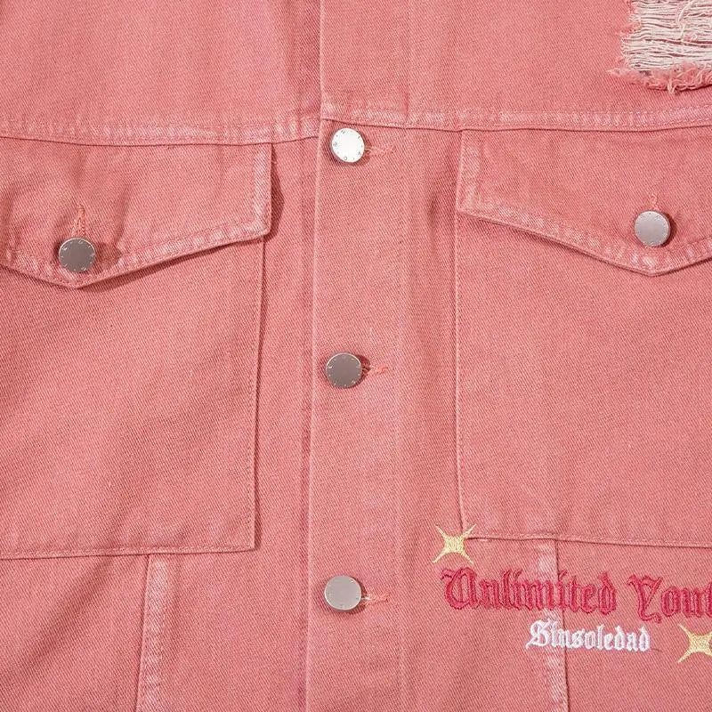 Ripped pink denim jacket from the y2k streetwear collection