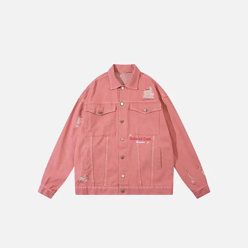 Ripped pink denim jacket from the y2k streetwear collection - s