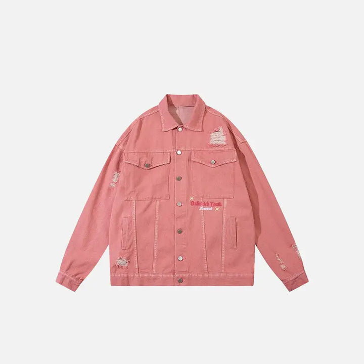 Ripped pink denim jacket from the y2k streetwear collection - s