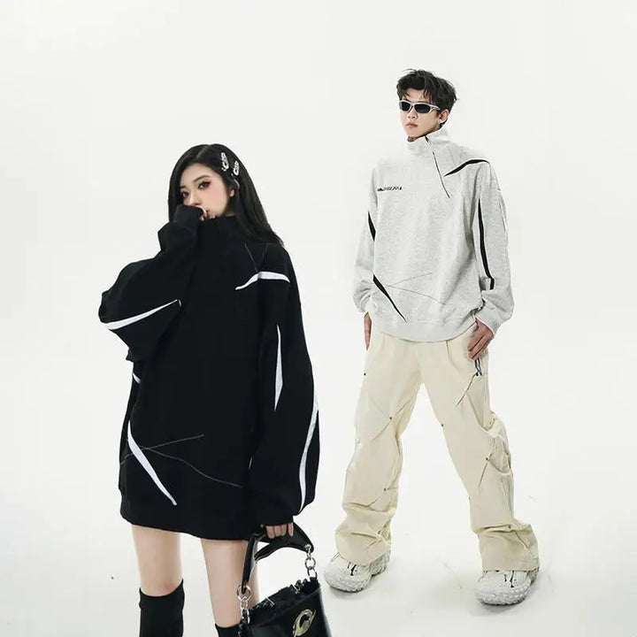 Y2k striped half-zip sweatshirt in soft polyester and cotton blend - hoodies