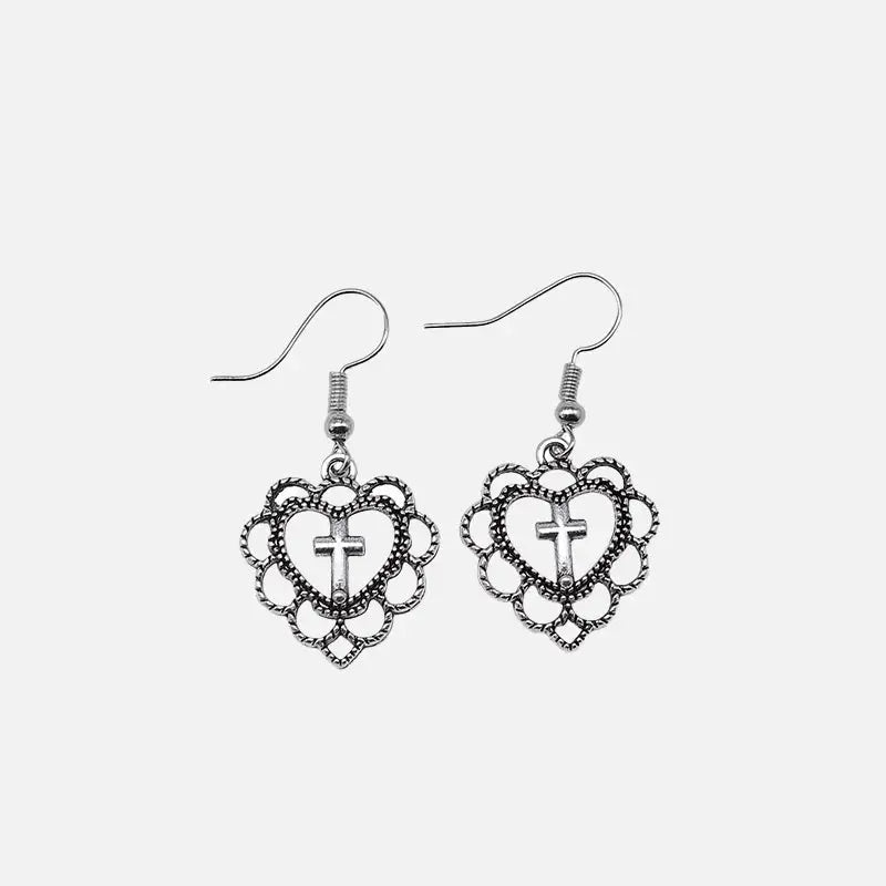 Y2k silver heart cross earrings for bold elegance