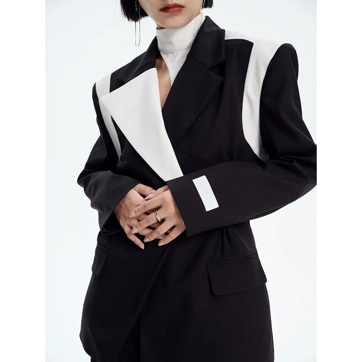 Black color block blazer with single button and halter neck design