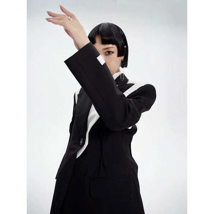 Black color block blazer with single button and halter neck design