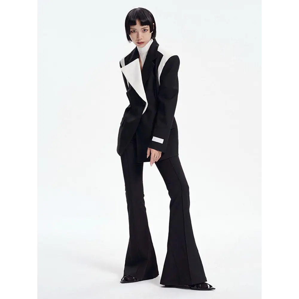 Black color block blazer with single button and halter neck design