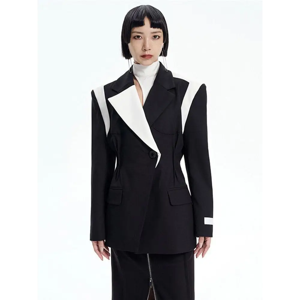 Black color block blazer with single button and halter neck design - s
