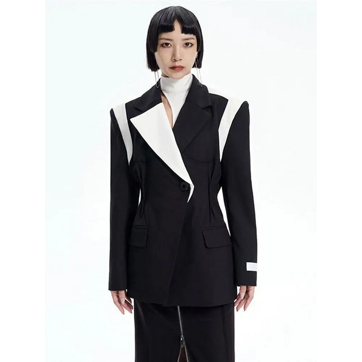 Black color block blazer with single button and halter neck design - s