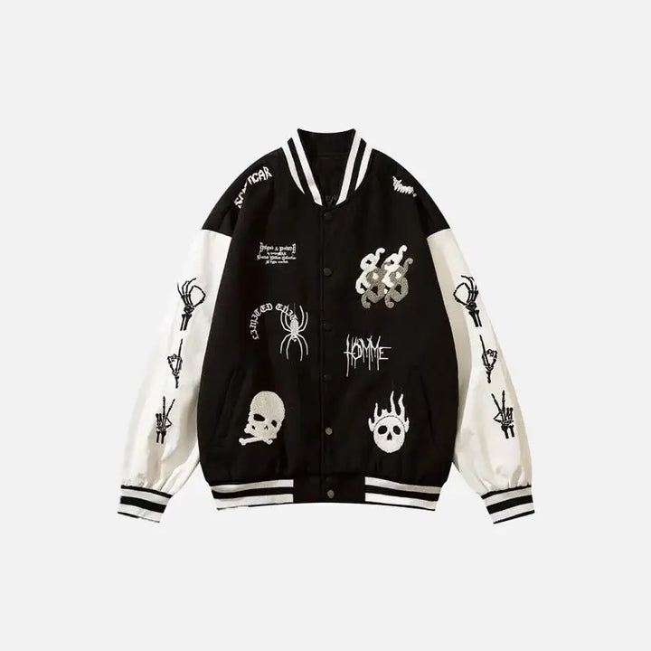 Y2k skeleton print embroidery baseball jacket for comfort and style - varsity jackets