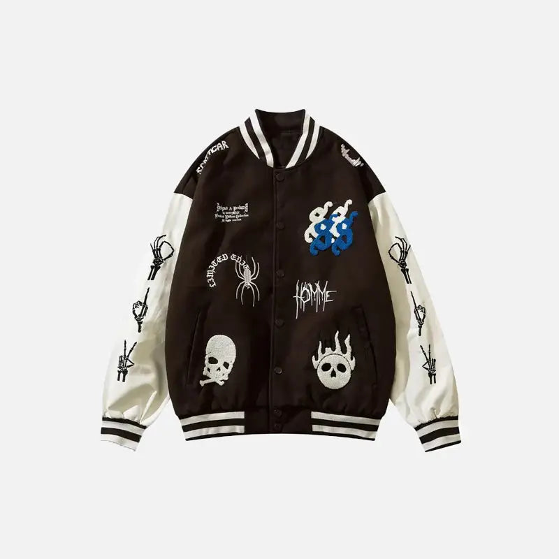 Y2k skeleton print embroidery baseball jacket for comfort and style - varsity jackets
