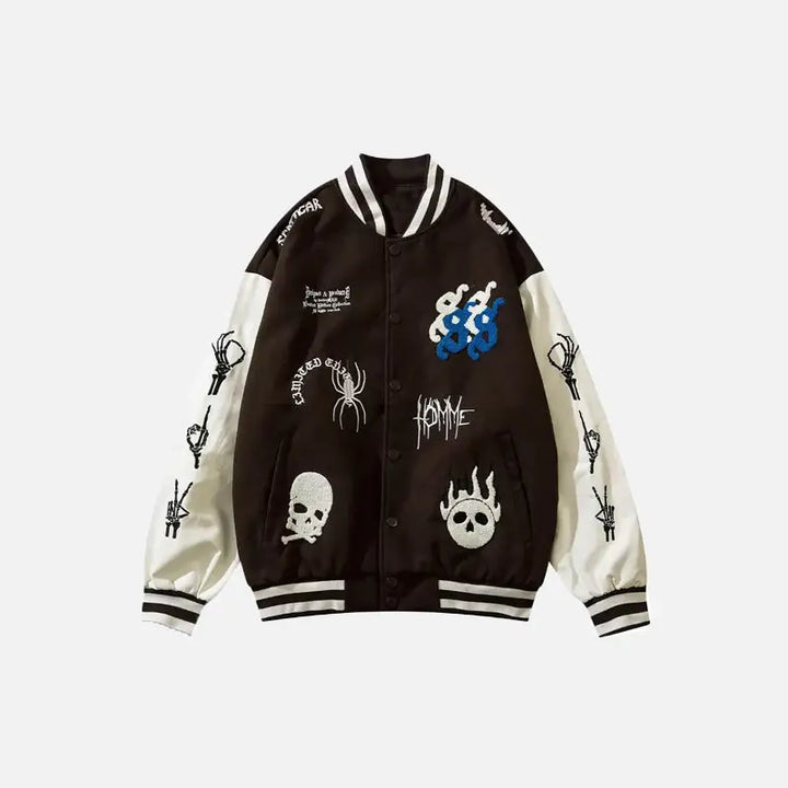 Y2k skeleton print embroidery baseball jacket for comfort and style - varsity jackets