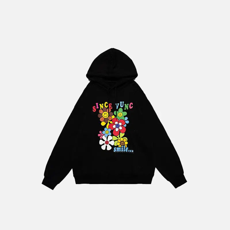 Retro sunflowers smiley hoodie for a y2k style wardrobe upgrade - black / m - hoodies