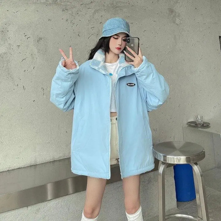 Blue reversible checkered jacket for a soft girl aesthetic