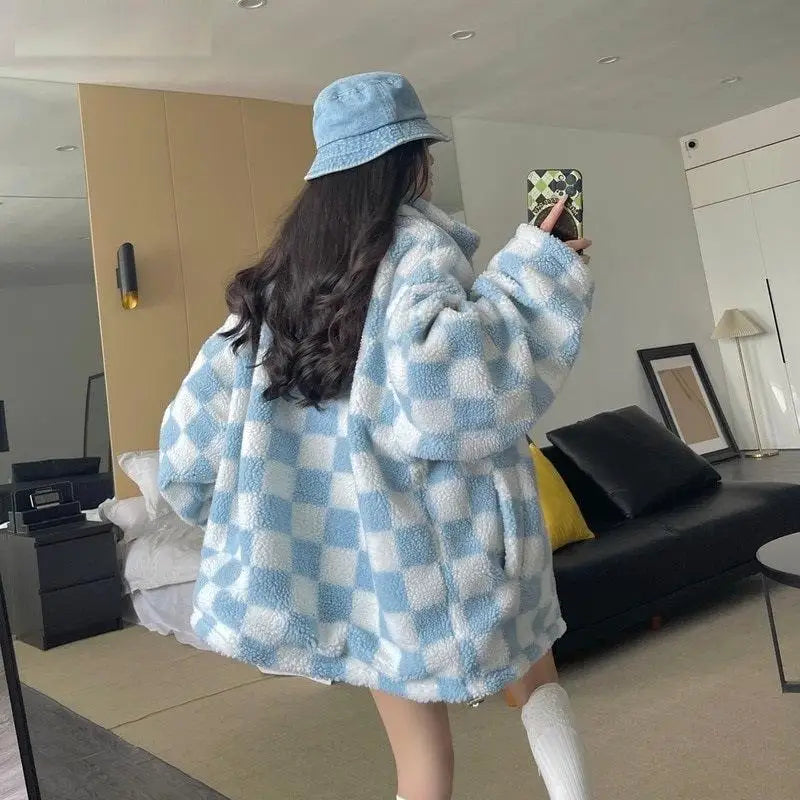 Blue reversible checkered jacket for a soft girl aesthetic