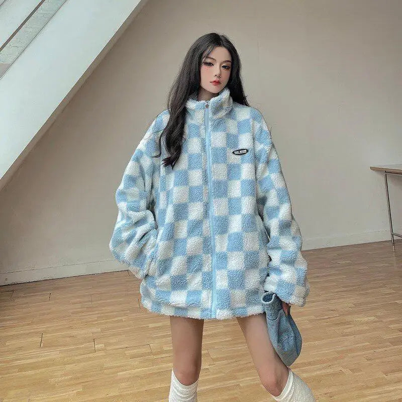 Blue reversible checkered jacket for a soft girl aesthetic
