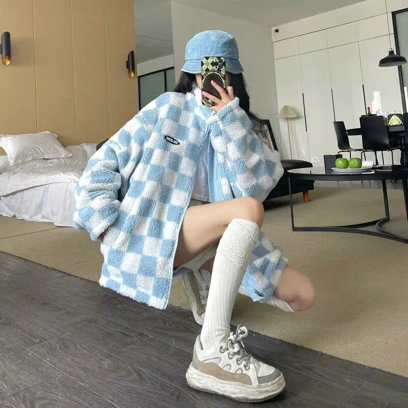 Blue reversible checkered jacket for a soft girl aesthetic - s
