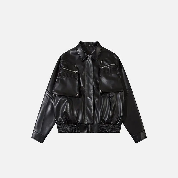 Y2k solid color pocket leather jacket for statement style - black / s - jackets