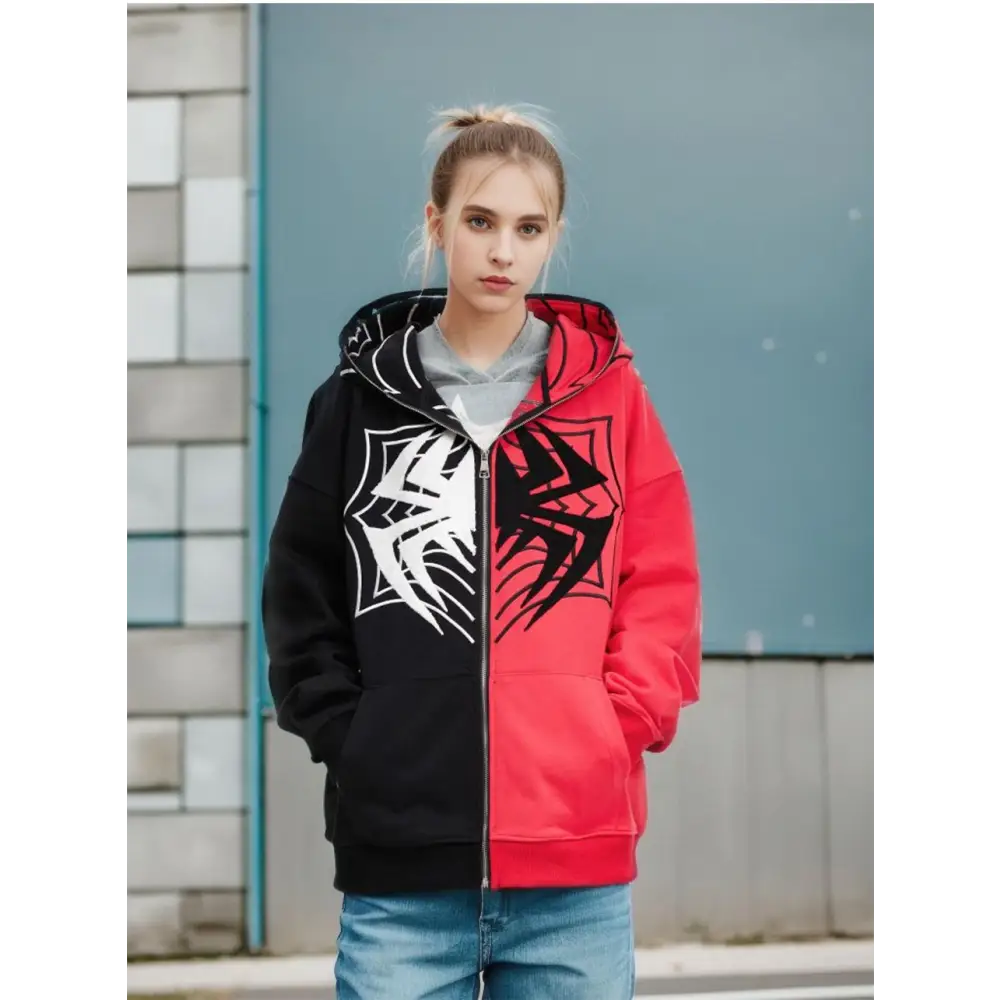 Y2k spider embroidered zip hoodie for stylish comfort - hoodies