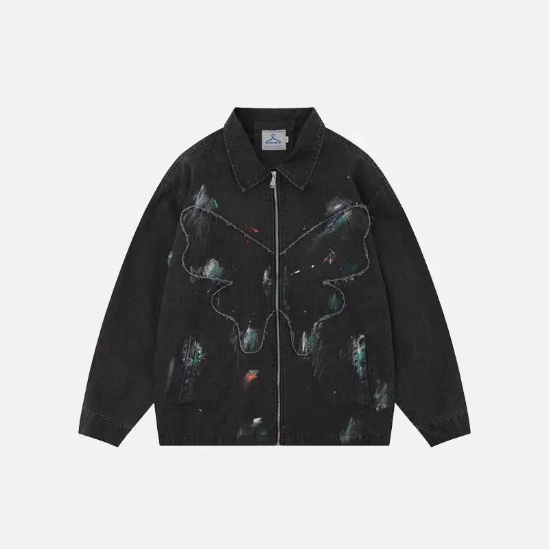 Splash ink embroidered butterfly y2k denim jacket - black / s - jackets