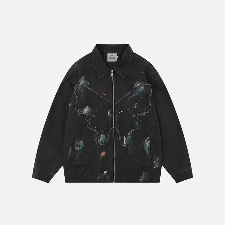 Splash ink embroidered butterfly y2k denim jacket - black / s - jackets