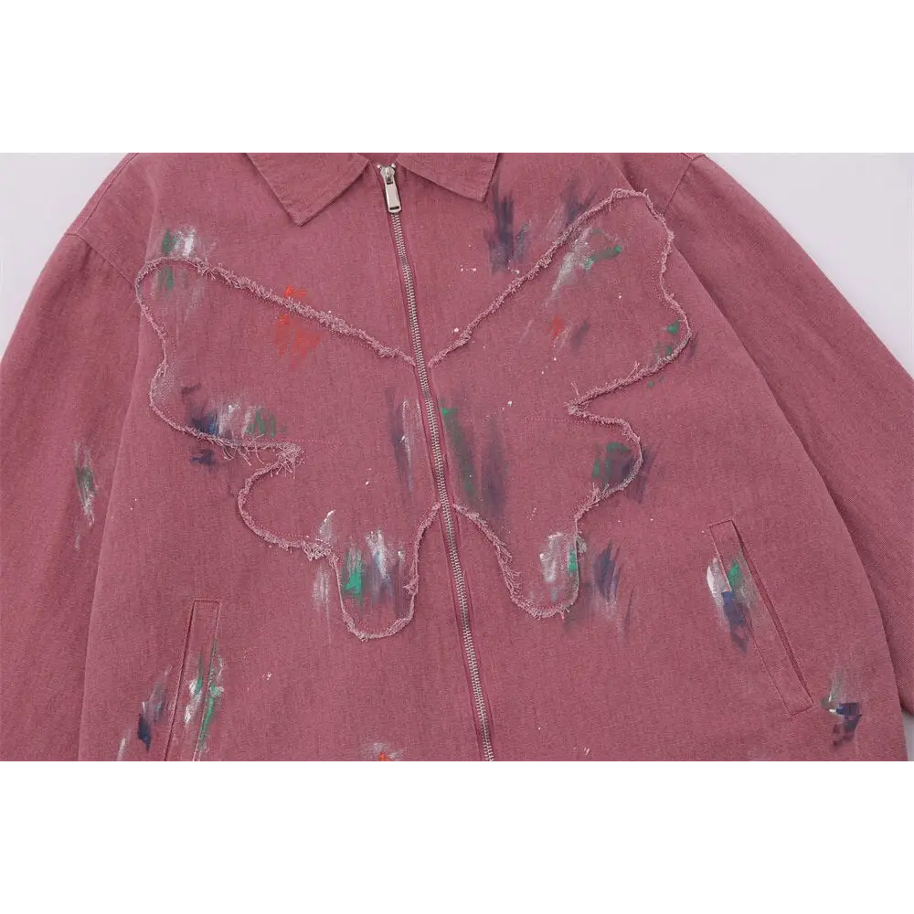 Splash ink embroidered butterfly y2k denim jacket - jackets