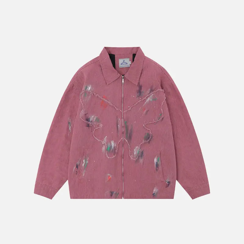 Splash ink embroidered butterfly y2k denim jacket - pink / s - jackets