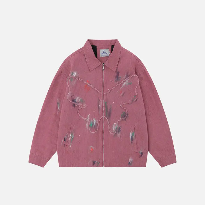 Splash ink embroidered butterfly y2k denim jacket - pink / s - jackets