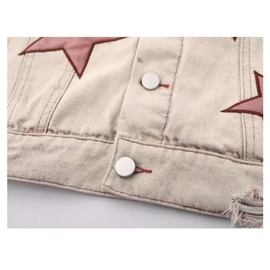 Y2k star embroidery denim jacket with v-neck design