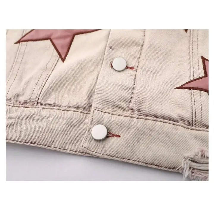 Y2k star embroidery denim jacket with v-neck design