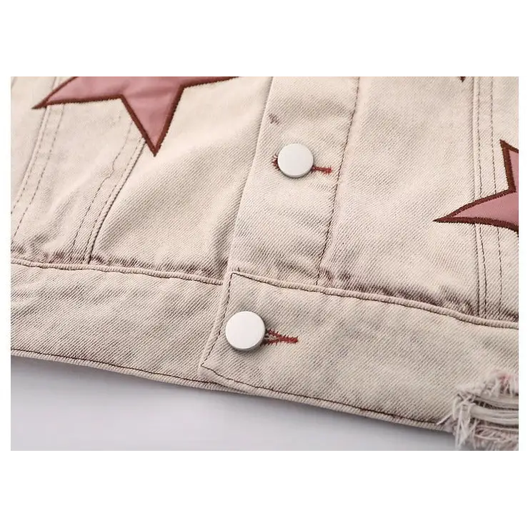 Y2k star embroidery denim jacket with v-neck design