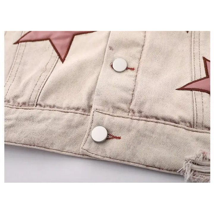 Y2k star embroidery denim jacket with v-neck design