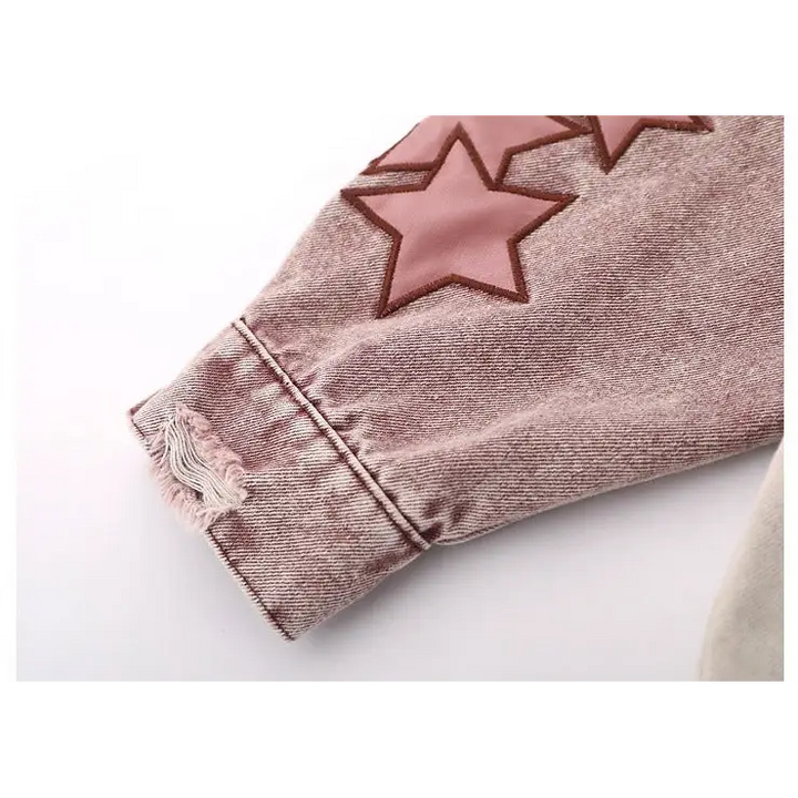 Y2k star embroidery denim jacket with v-neck design