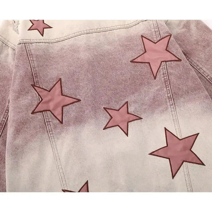 Y2k star embroidery denim jacket with v-neck design
