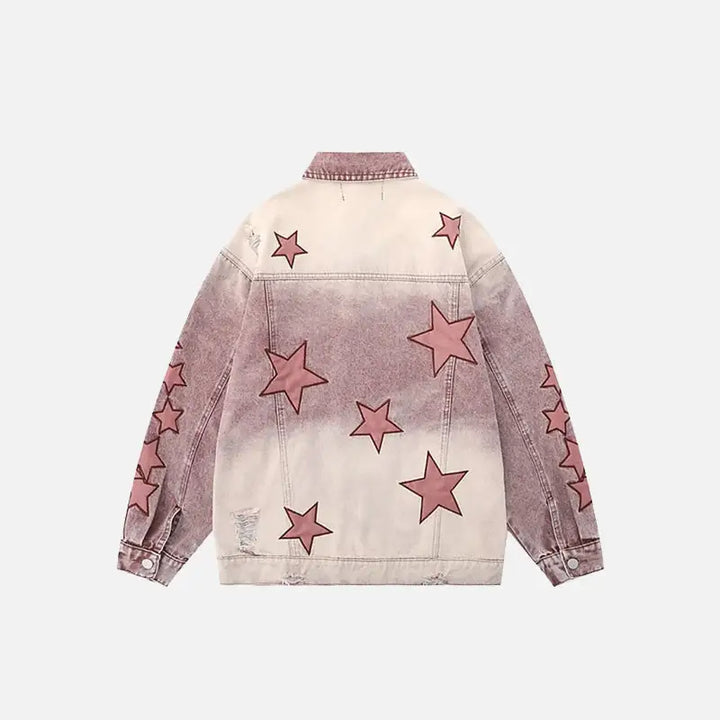 Y2k star embroidery denim jacket with v-neck design