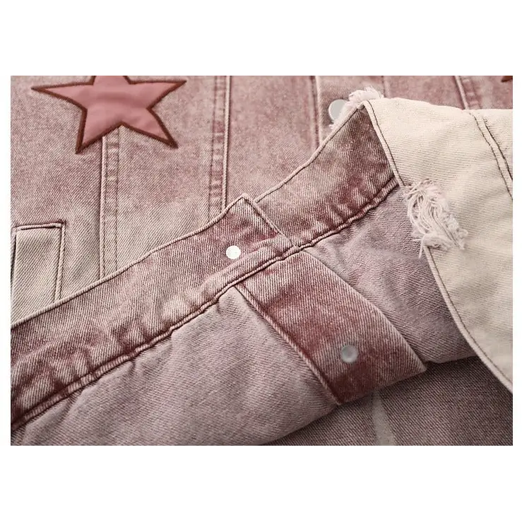 Y2k star embroidery denim jacket with v-neck design