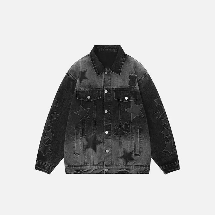 Y2k star embroidery denim jacket with v-neck design - black / s